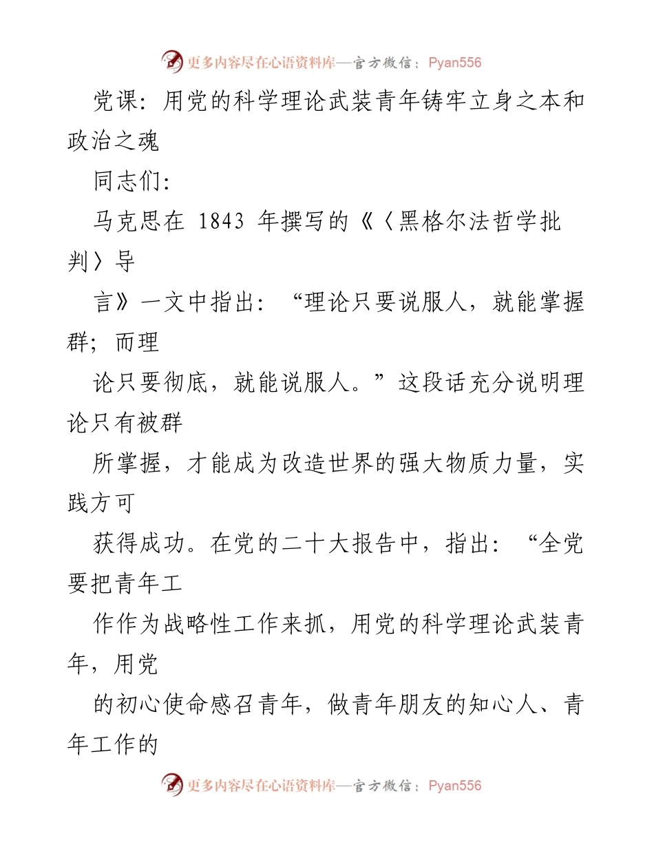 [发言] 党课 - 用党的科学理论武装青年，坚定理想信念与意识形态话语权.docx_第1页