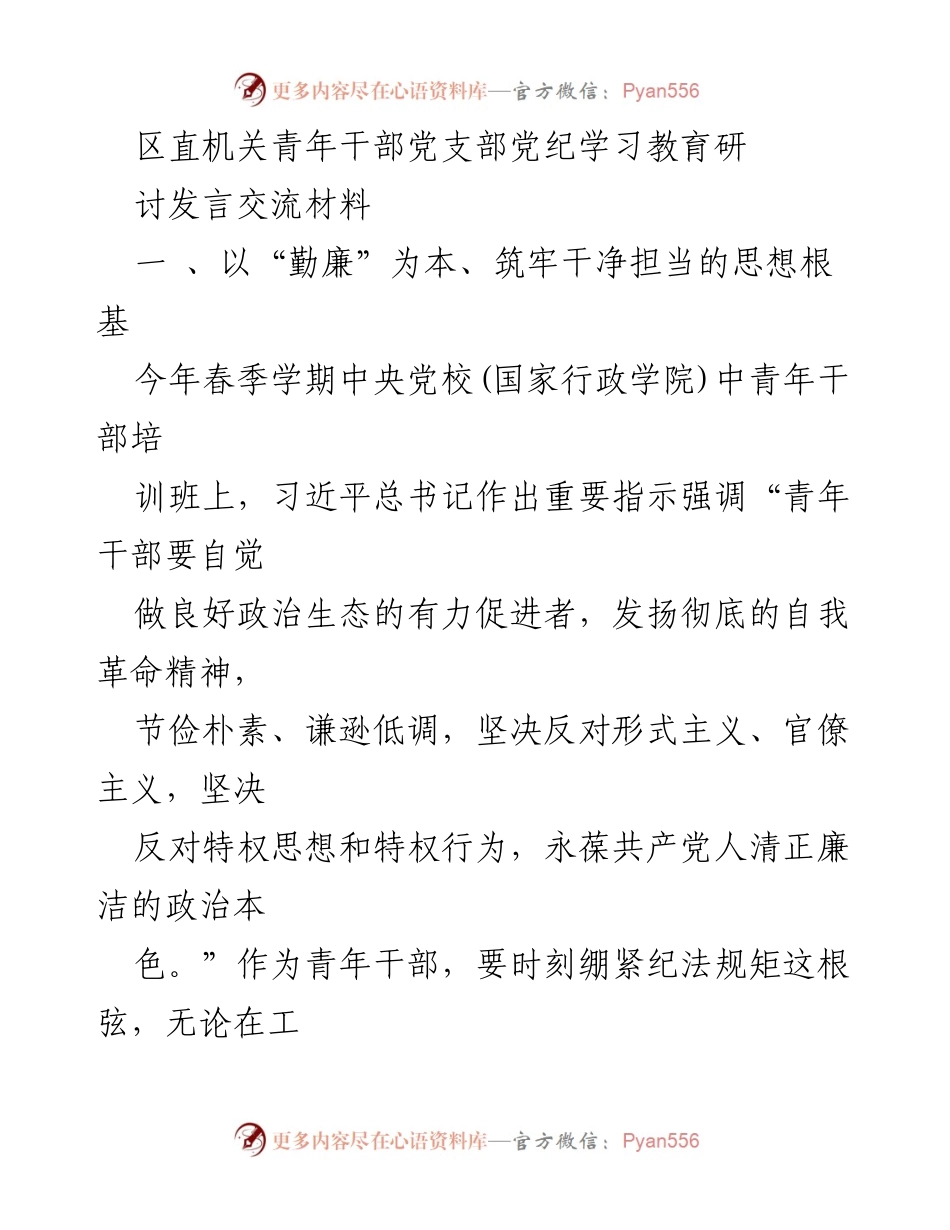 [发言] 党纪学习教育研讨会 - 强化青年干部的廉洁自律与担当意识.docx_第1页