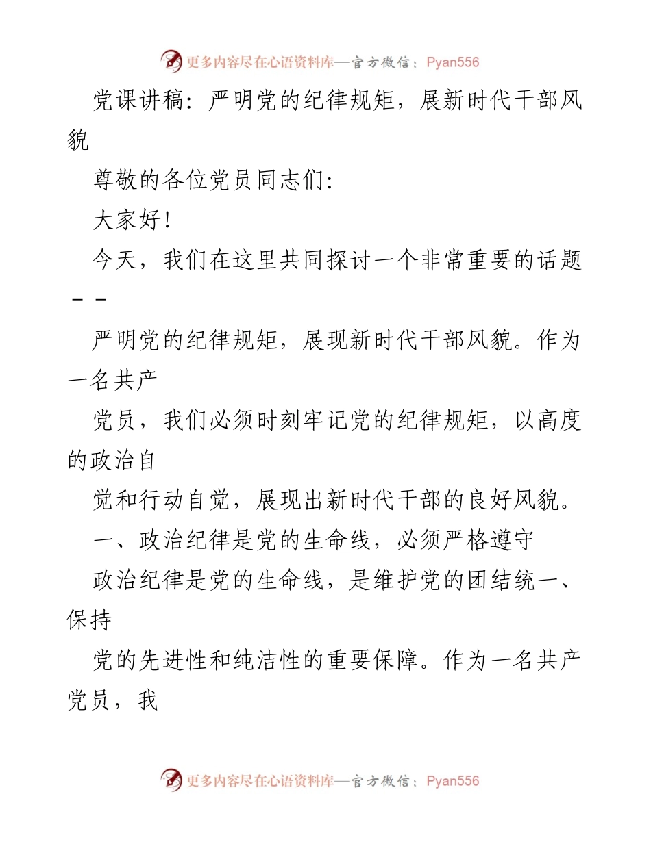 [发言] 党课 - 严明党的纪律规矩，展现新时代干部风貌_2.docx_第1页