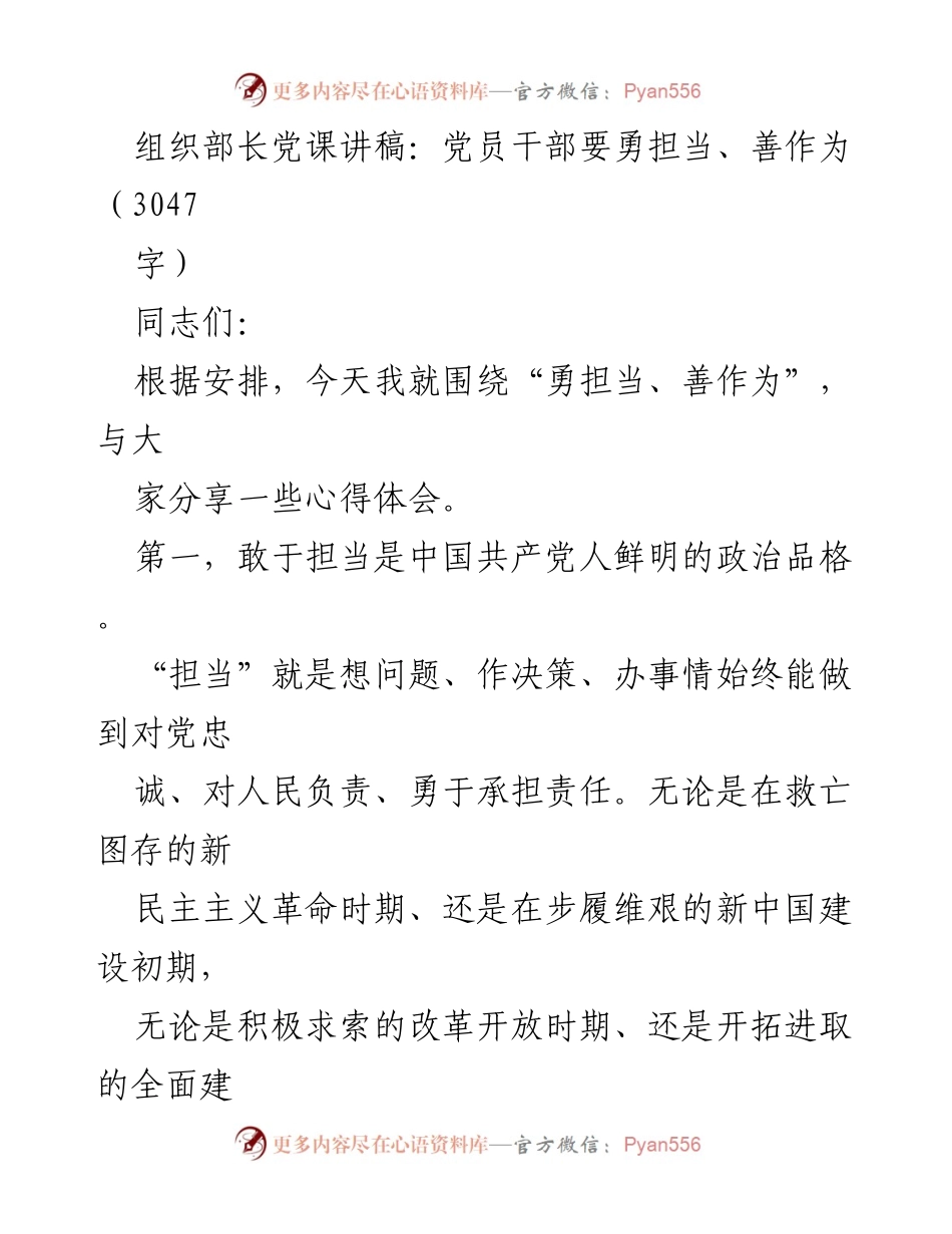 [发言] 党课 - 勇担当、善作为：新时代党员干部的责任与使命.docx_第1页