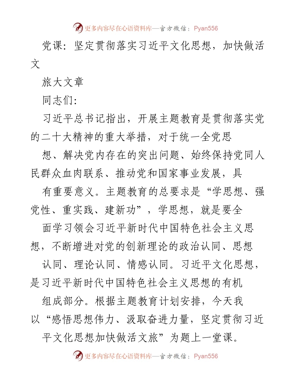[发言] 党课 - 坚定贯彻习近平文化思想，推动文旅发展_3.docx_第1页