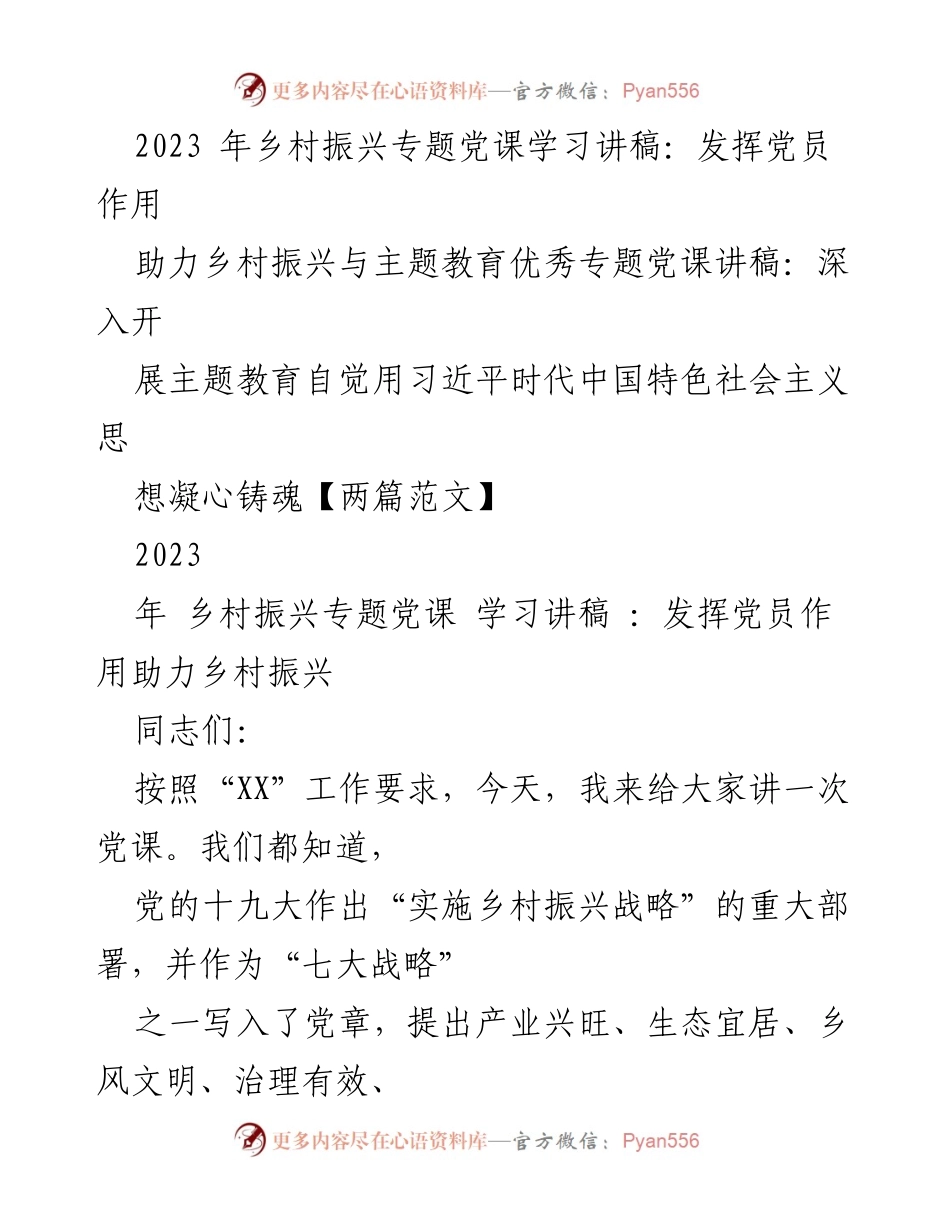 [发言] 党课 - 发挥党员作用 助力乡村振兴.docx_第1页