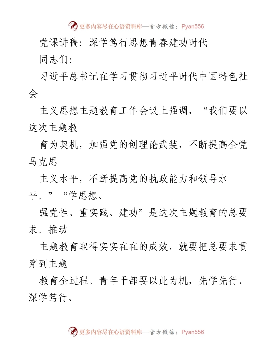 [发言] 党课 - 深学笃行，青春建功：新时代青年干部的责任与使命.docx_第1页