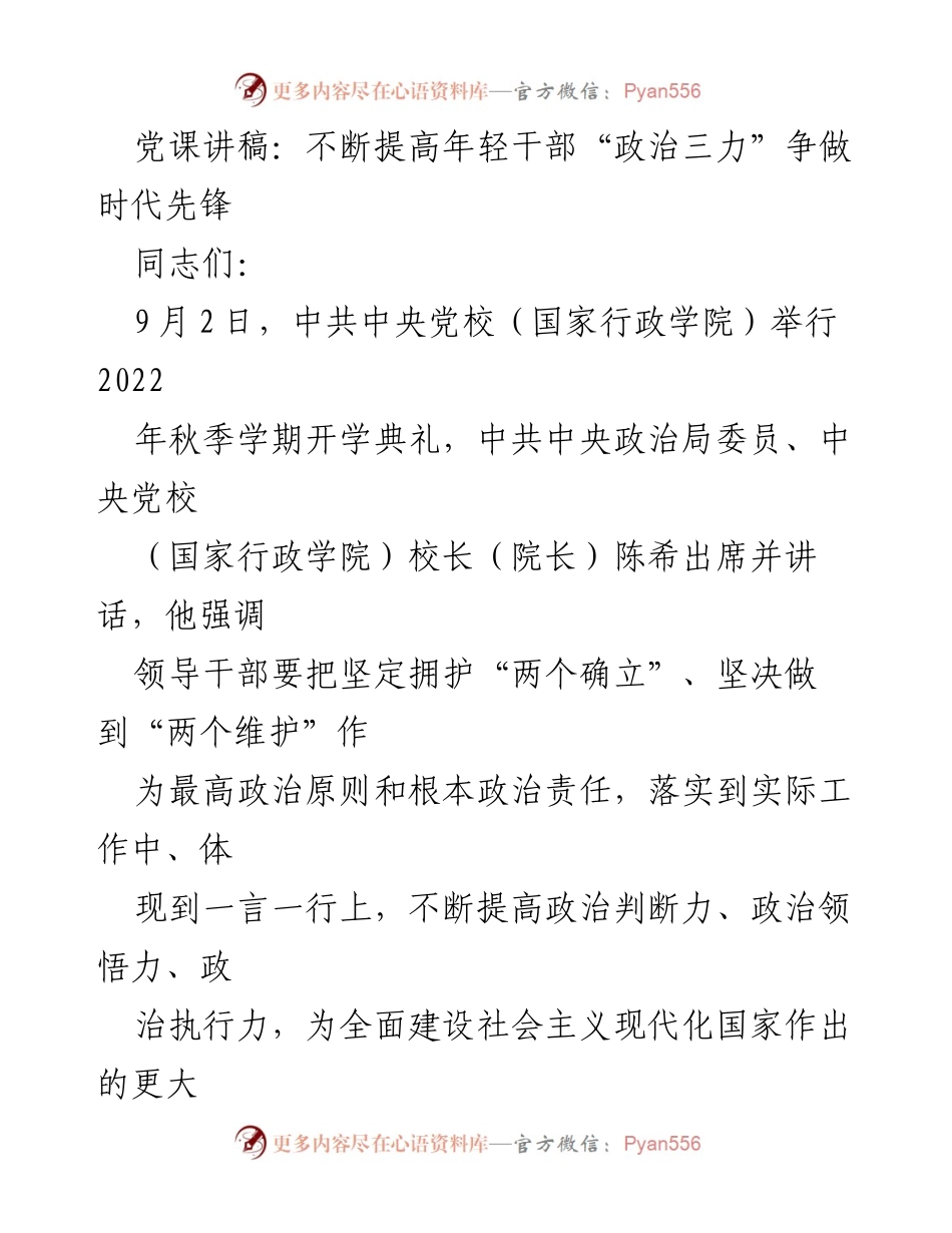 [发言] 党课 - 不断提高年轻干部“政治三力”争做时代先锋.docx_第1页