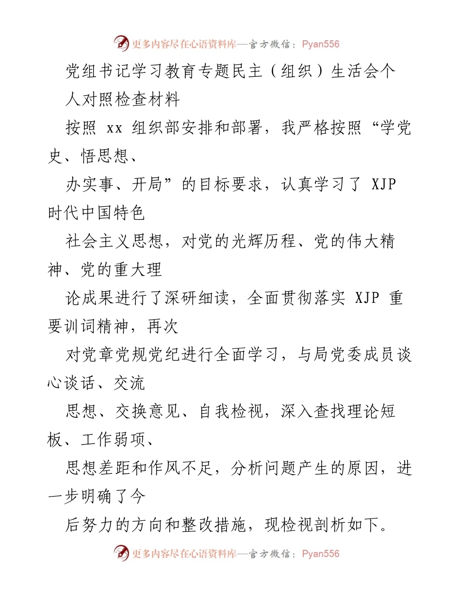 [发言] 党组书记学习教育专题民主生活会 - 个人对照检查材料及整改措施分析.docx_第1页