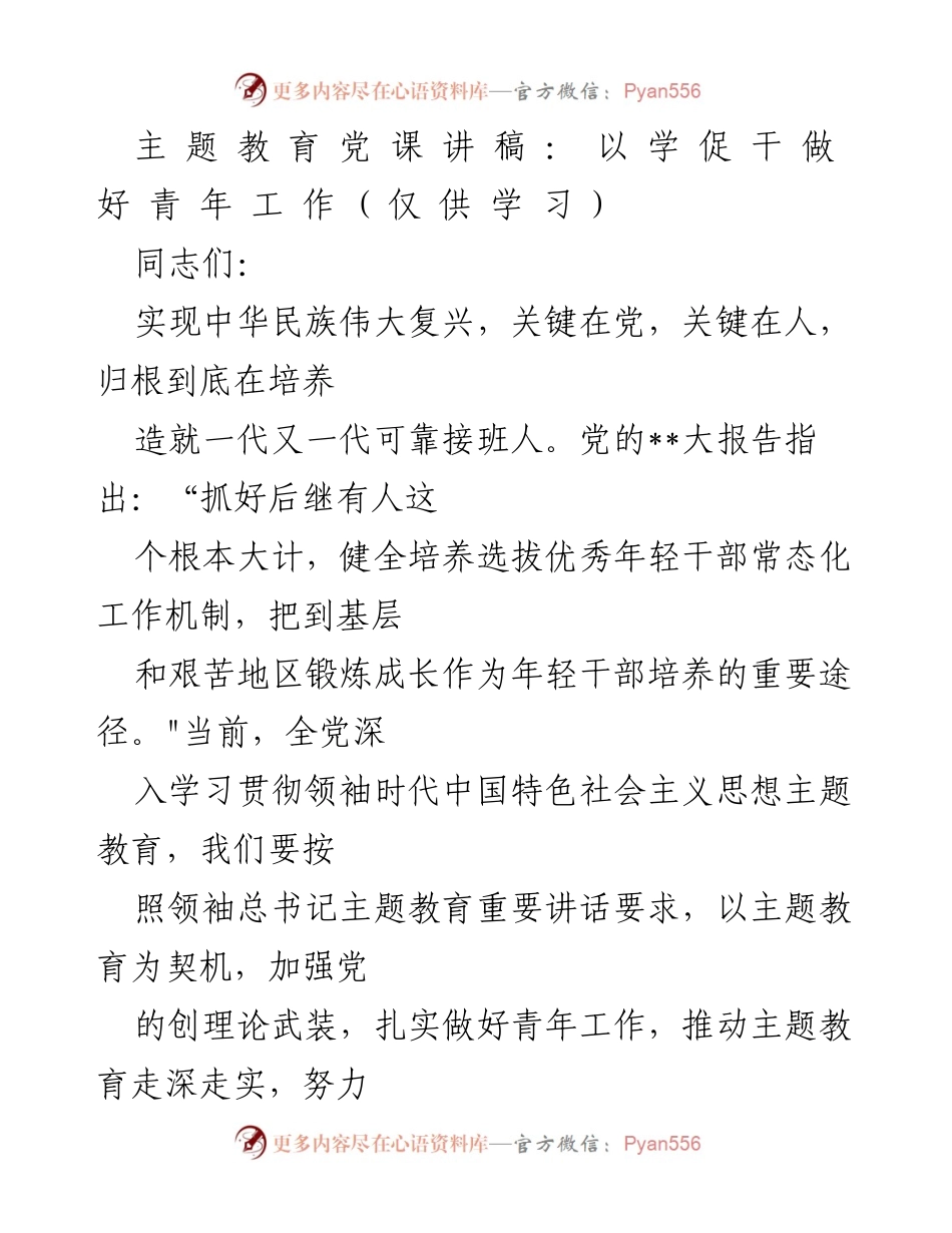 [发言] 党课 - 以学促干，做好青年工作.docx_第1页