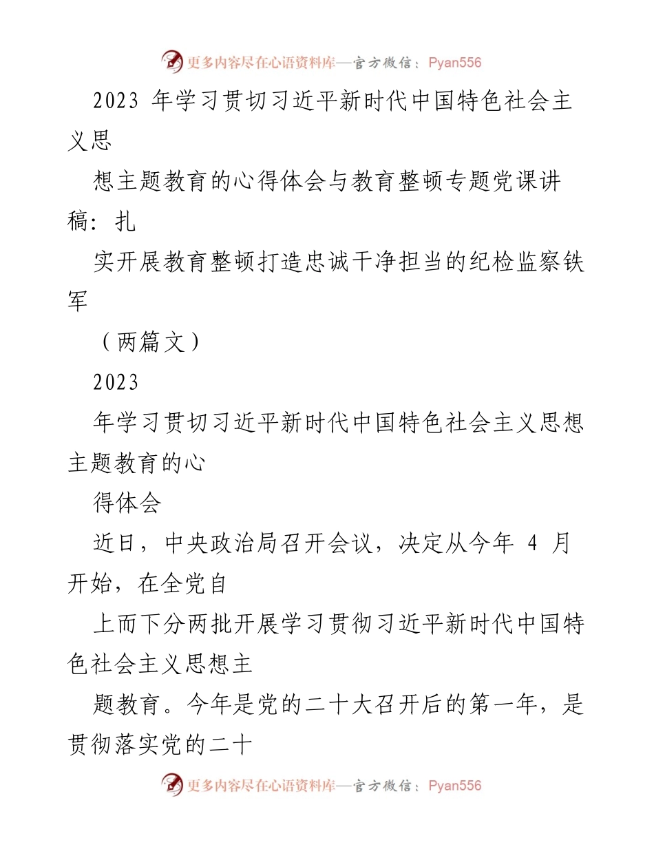 [发言] 党课 - 扎实开展教育整顿，打造忠诚干净担当的纪检监察铁军.docx_第1页