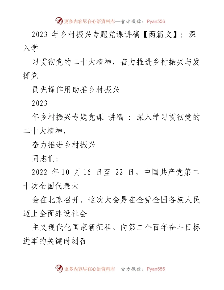 [发言] 党课 - 深入学习贯彻党的二十大精神，助推乡村振兴.docx_第1页
