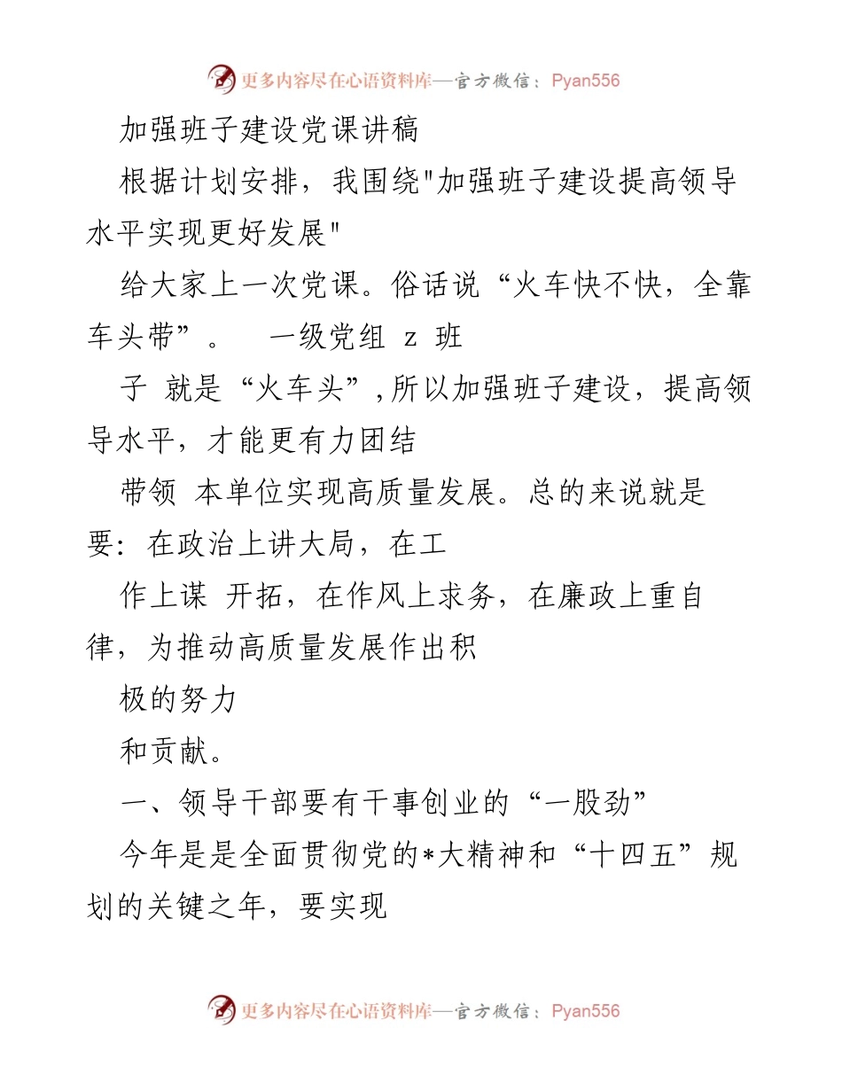 [发言] 党课 - 加强班子建设 提高领导水平 实现高质量发展.docx_第1页