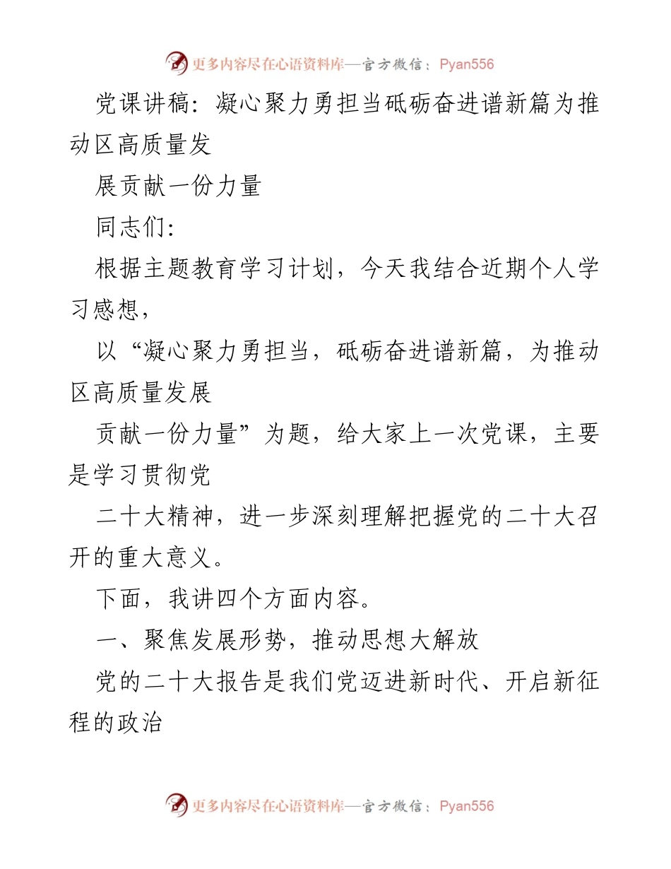 [发言] 党课 - 凝心聚力勇担当，砥砺奋进谱新篇.docx_第1页