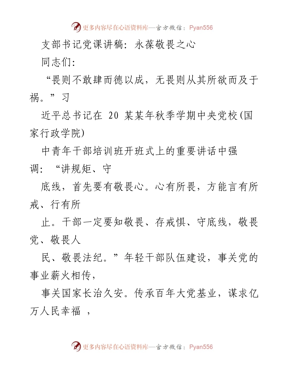 [发言] 党课 - 永葆敬畏之心：年轻干部的责任与使命.docx_第1页