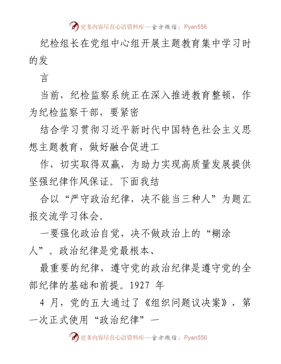 [发言] 党组中心组主题教育集中学习 - 纪检组长发言：严守政治纪律，提升政治自觉与责任.docx_第1页