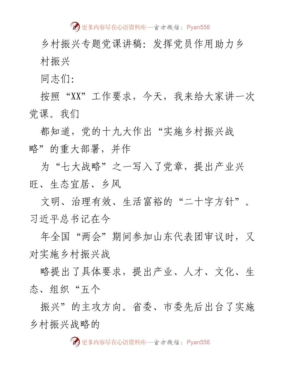 [发言] 党课 - 发挥党员作用助力乡村振兴_1.docx_第1页
