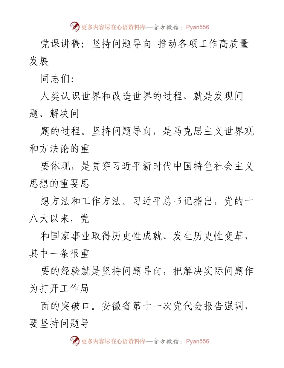 [发言] 党课 - 坚持问题导向，推动高质量发展_1.docx_第1页
