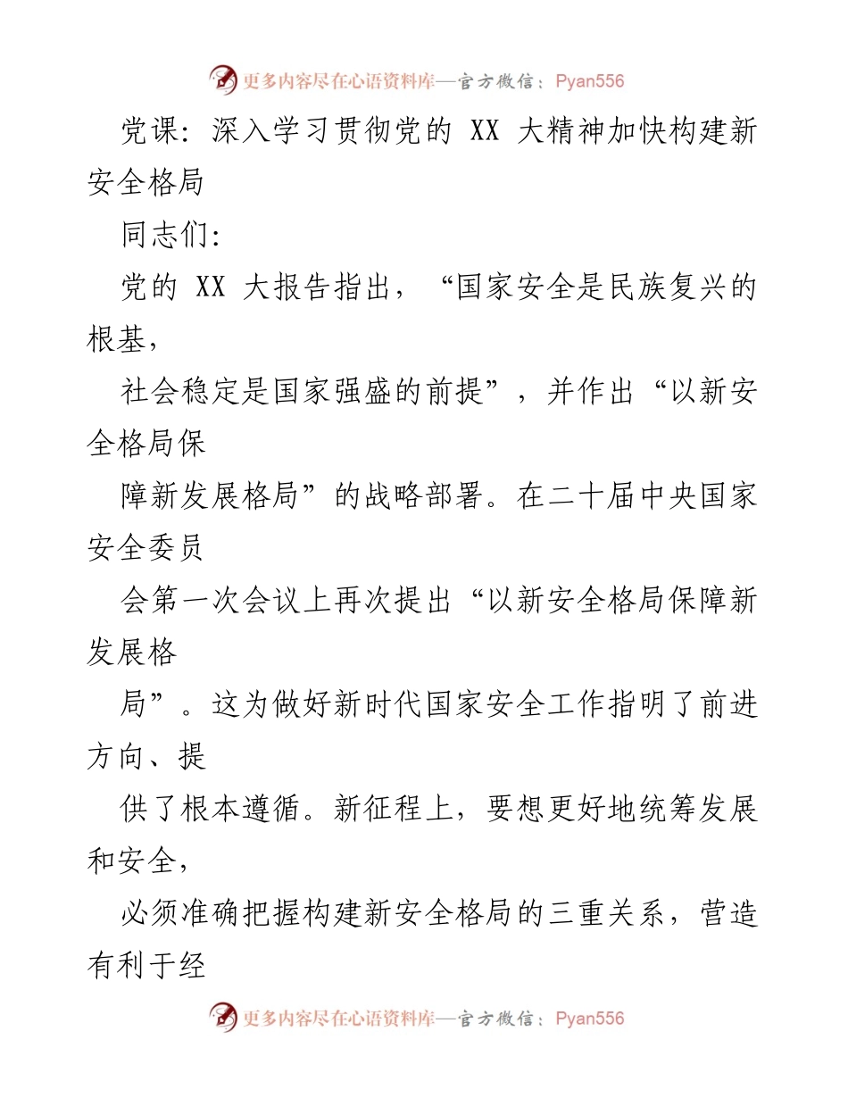 [发言] 党课 - 深入学习党的 XX 大精神：构建新安全与新发展格局的关系.docx_第1页