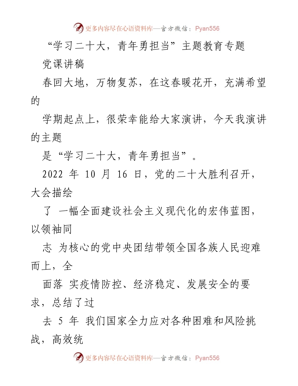 [发言] 党课 - 学习二十大，青年勇担当的使命与责任.docx_第1页