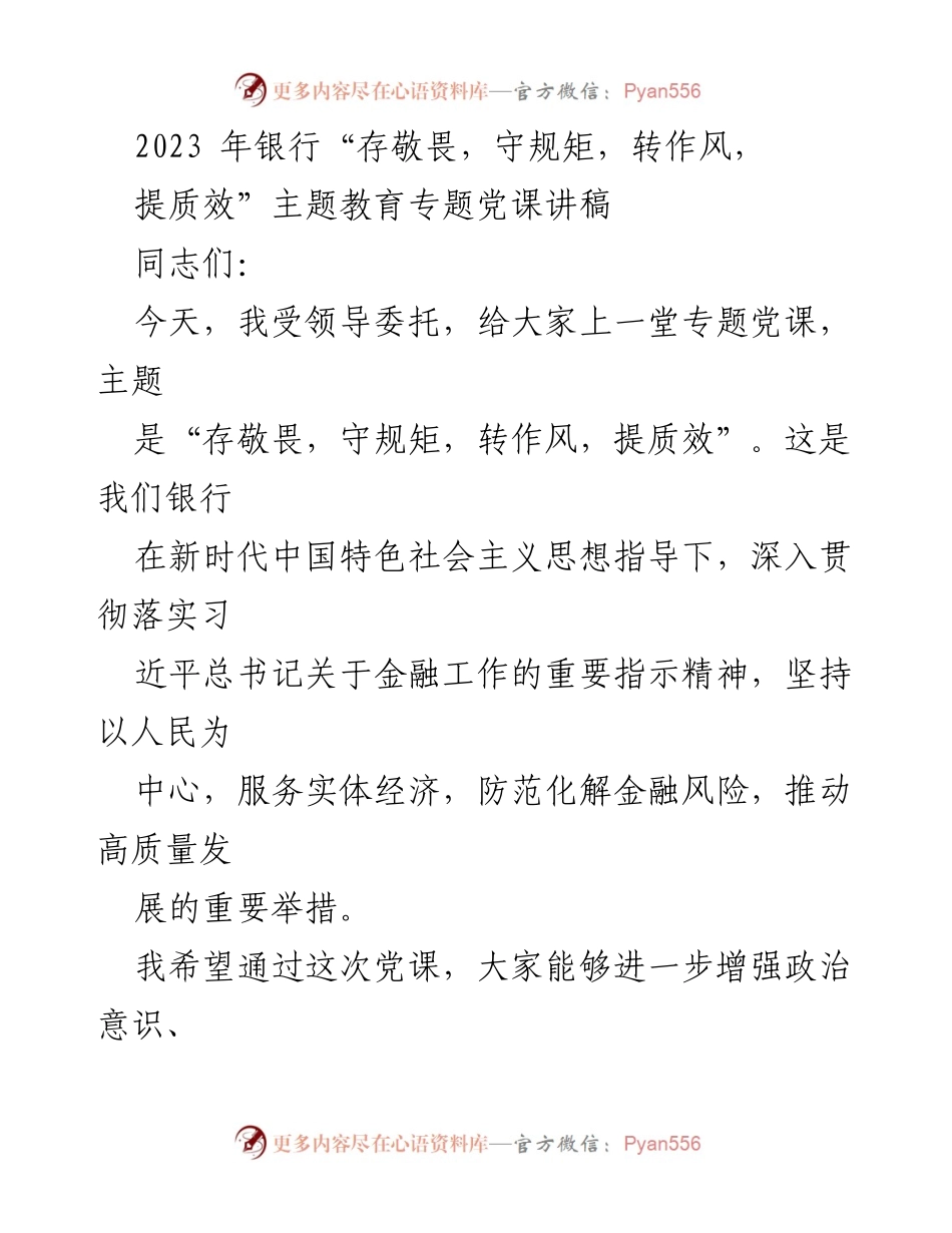 [发言] 党课 - “存敬畏，守规矩，转作风，提质效”主题教育党课讲稿.docx_第1页