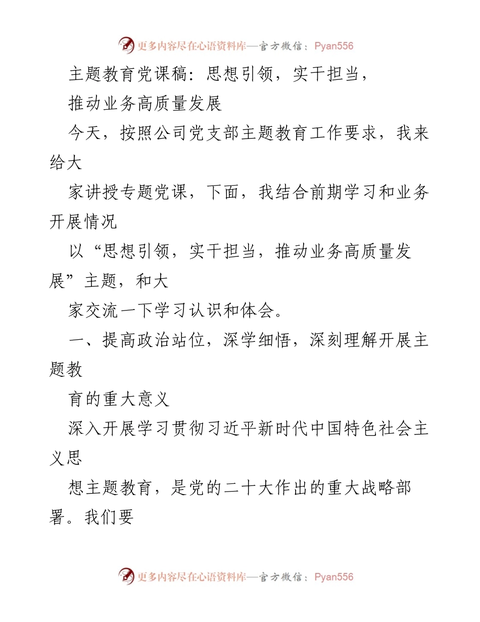 [发言] 党课 - 思想引领与实干担当：推动高质量发展的主题教育党课.docx_第1页
