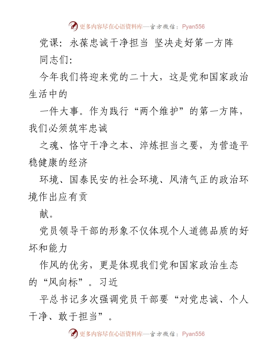 [发言] 党课 - 永葆忠诚干净担当，坚定走好第一方阵.docx_第1页