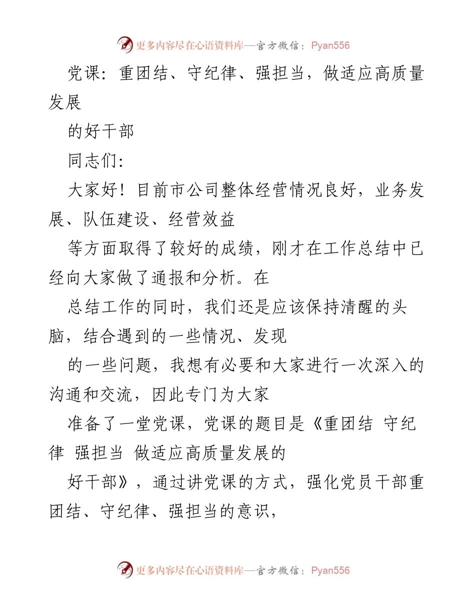 [发言] 党课 - 强化团结与担当，推动高质量发展.docx_第1页
