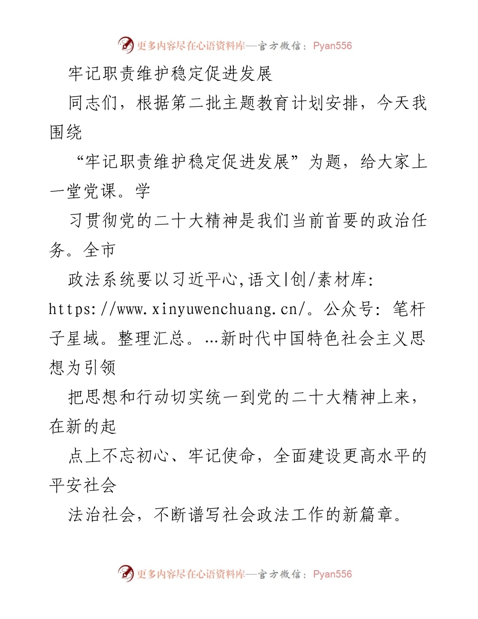 [发言] 党课 - 牢记职责，维护稳定，促进发展_2.docx_第1页