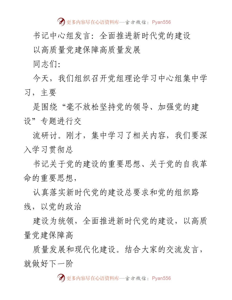 [发言] 党组理论学习中心组 - 全面推进新时代党的建设与高质量发展.docx_第1页