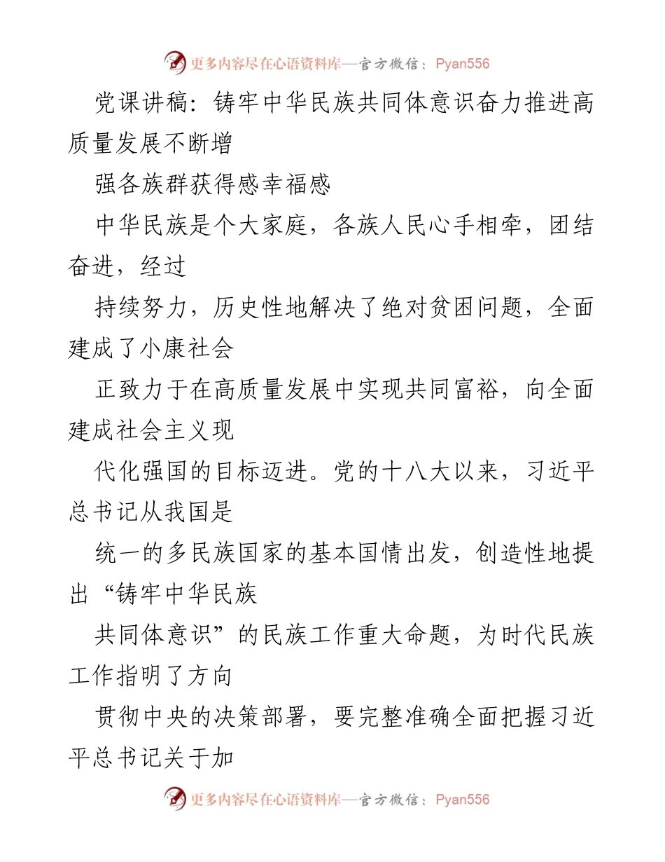 [发言] 党课 - 铸牢中华民族共同体意识，推动高质量发展与共同富裕.docx_第1页