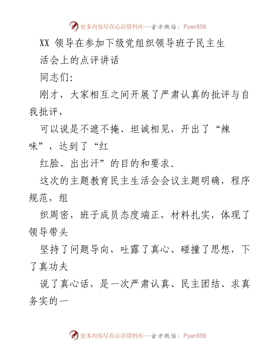 [发言] 党组织民主生活会 - XX领导点评民主生活会的有效性与整改措施.docx_第1页