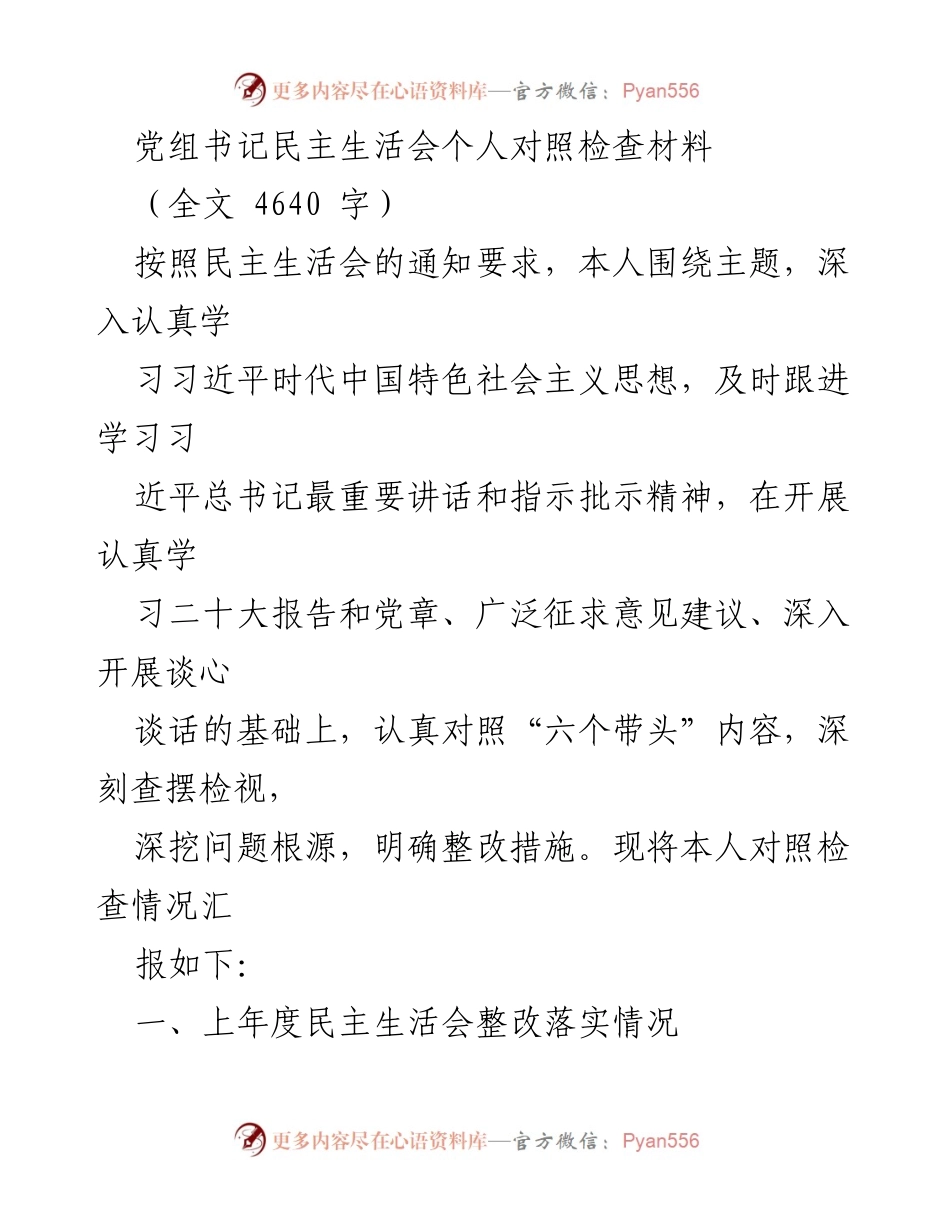 [发言] 党组书记民主生活会 - 个人对照检查材料总结与整改情况报告.docx_第1页