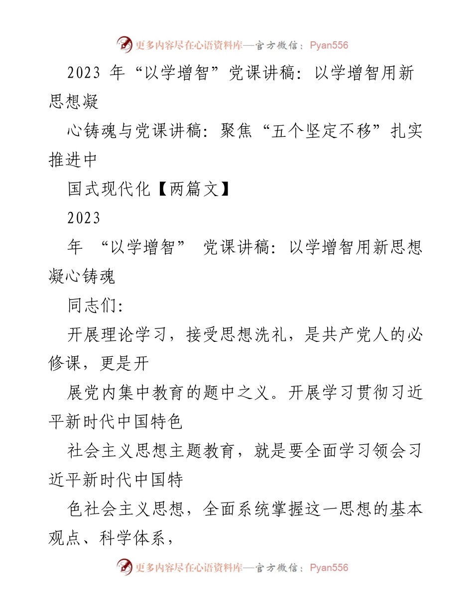 [发言] 党课 - 以学增智用新思想凝心铸魂，扎实推进中国式现代化.docx_第1页