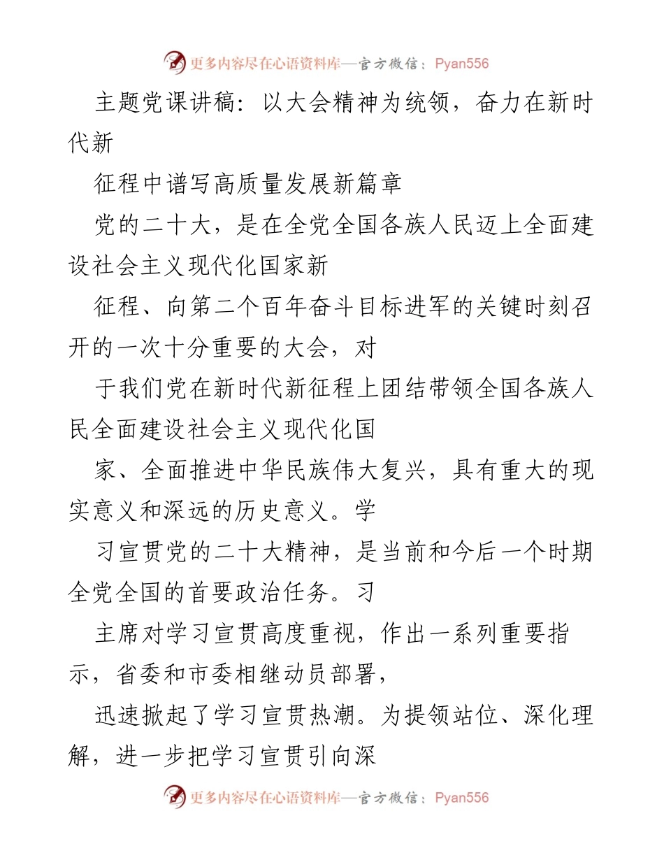 [发言] 党课 - 以大会精神为统领，奋力谱写高质量发展新篇章.docx_第1页