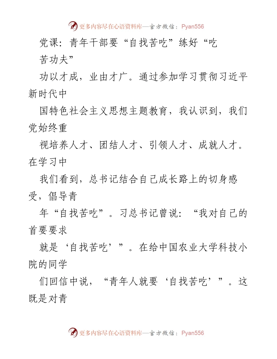 [发言] 党课 - 青年干部要“自找苦吃” 练好“吃苦功夫”_1.docx_第1页