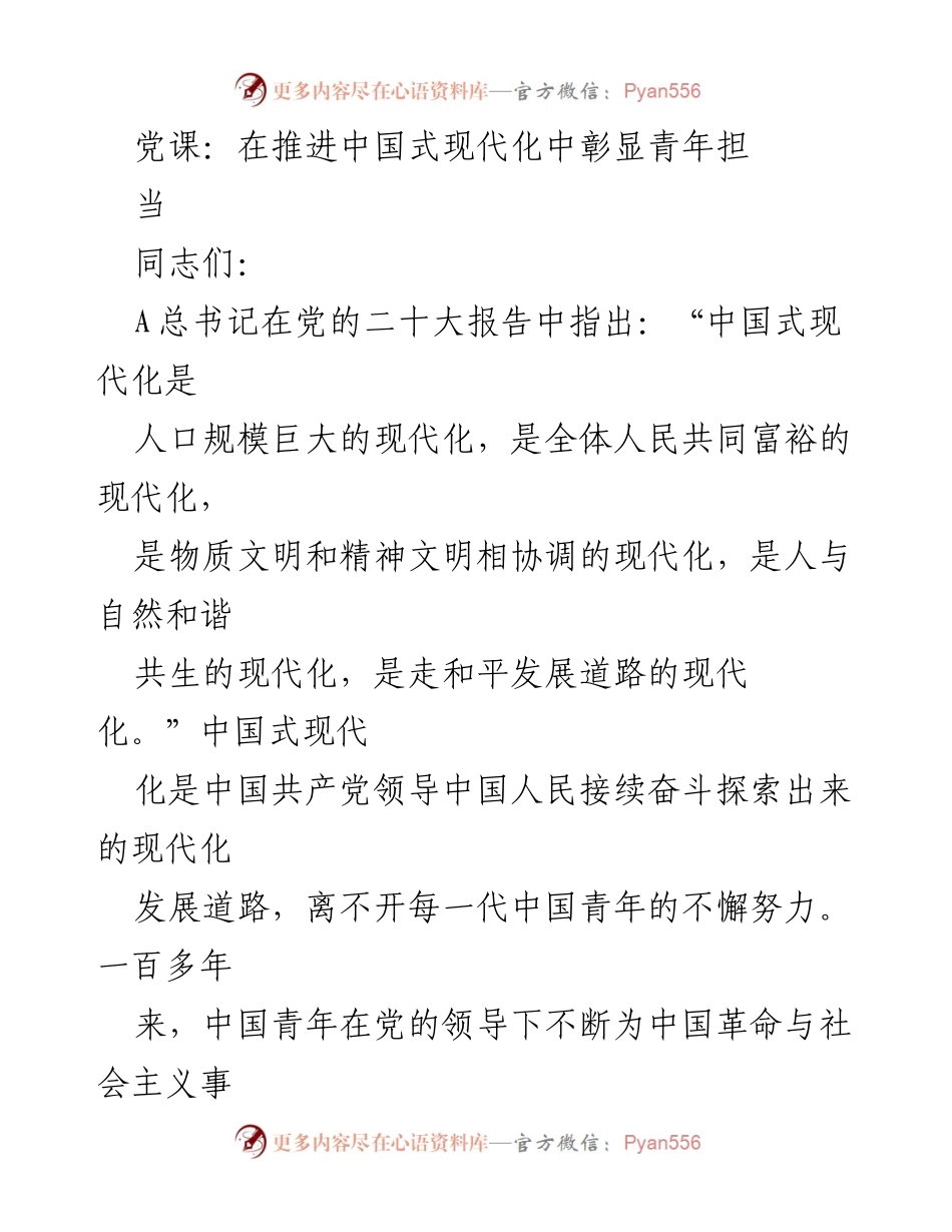 [发言] 党课 - 青年在中国式现代化中的担当与使命.docx_第1页