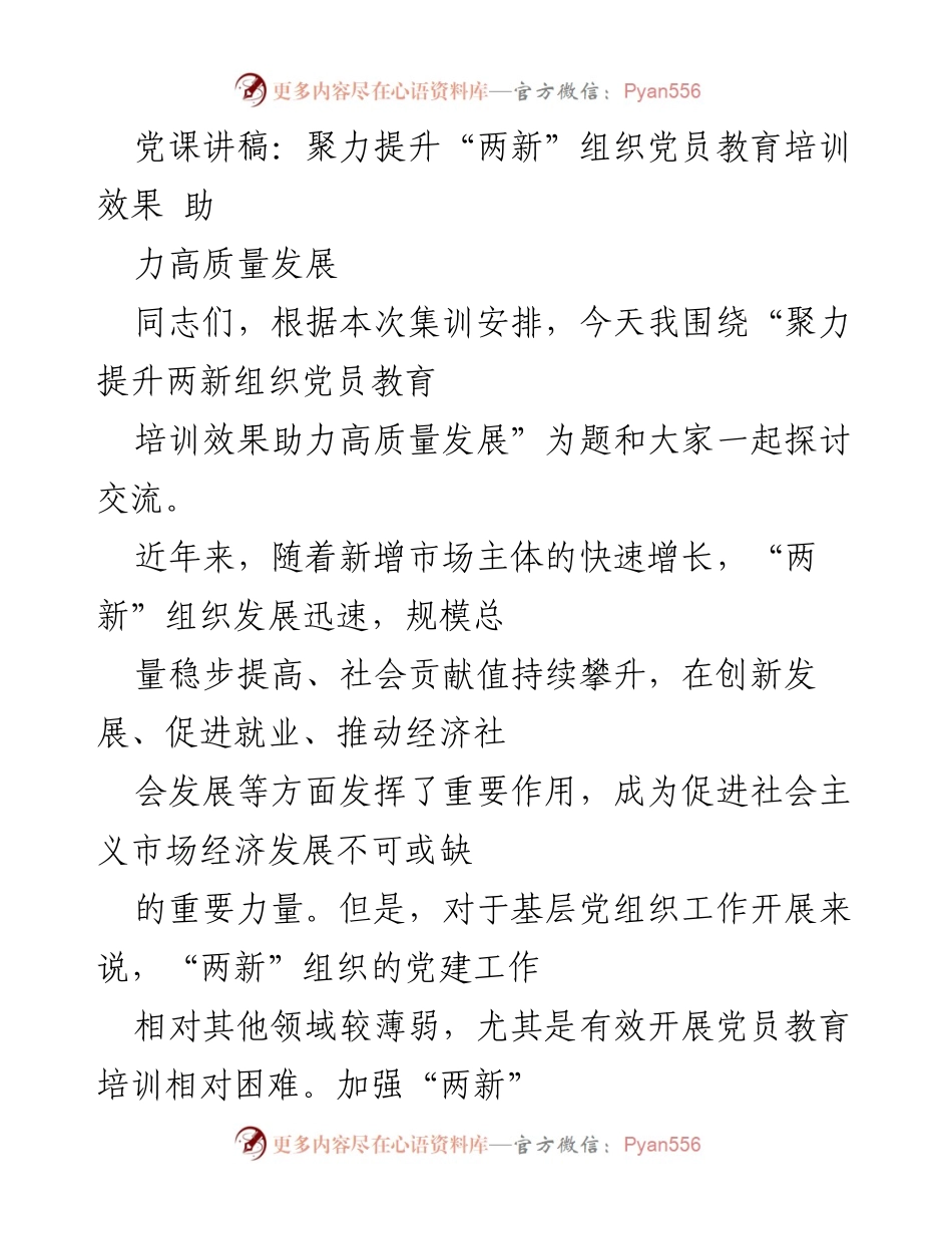 [发言] 党课 - 聚力提升“两新”组织党员教育培训效果助力高质量发展_2.docx_第1页