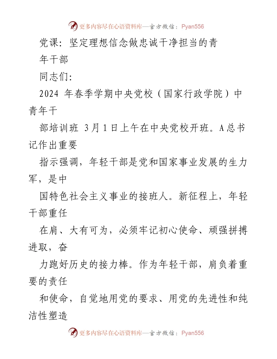 [发言] 党课 - 坚定理想信念，做忠诚干净担当的青年干部.docx_第1页