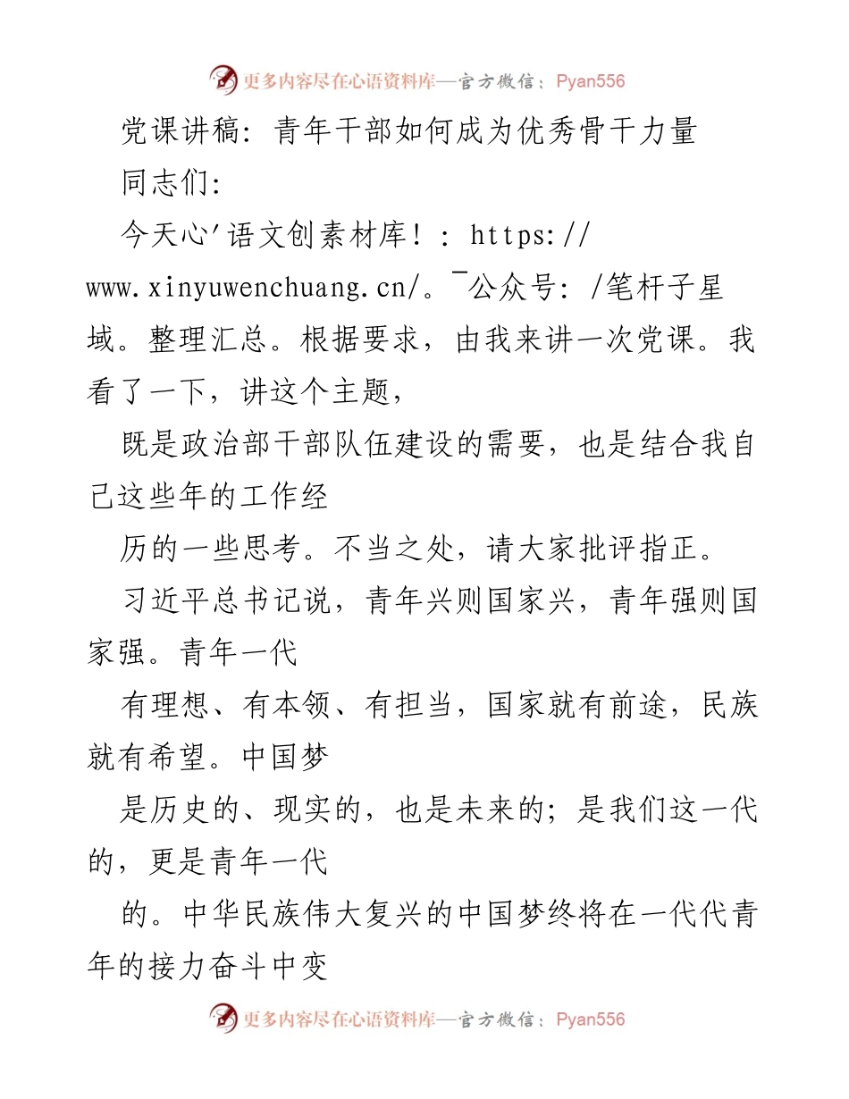 [发言] 党课 - 青年干部如何成为优秀骨干力量.docx_第1页