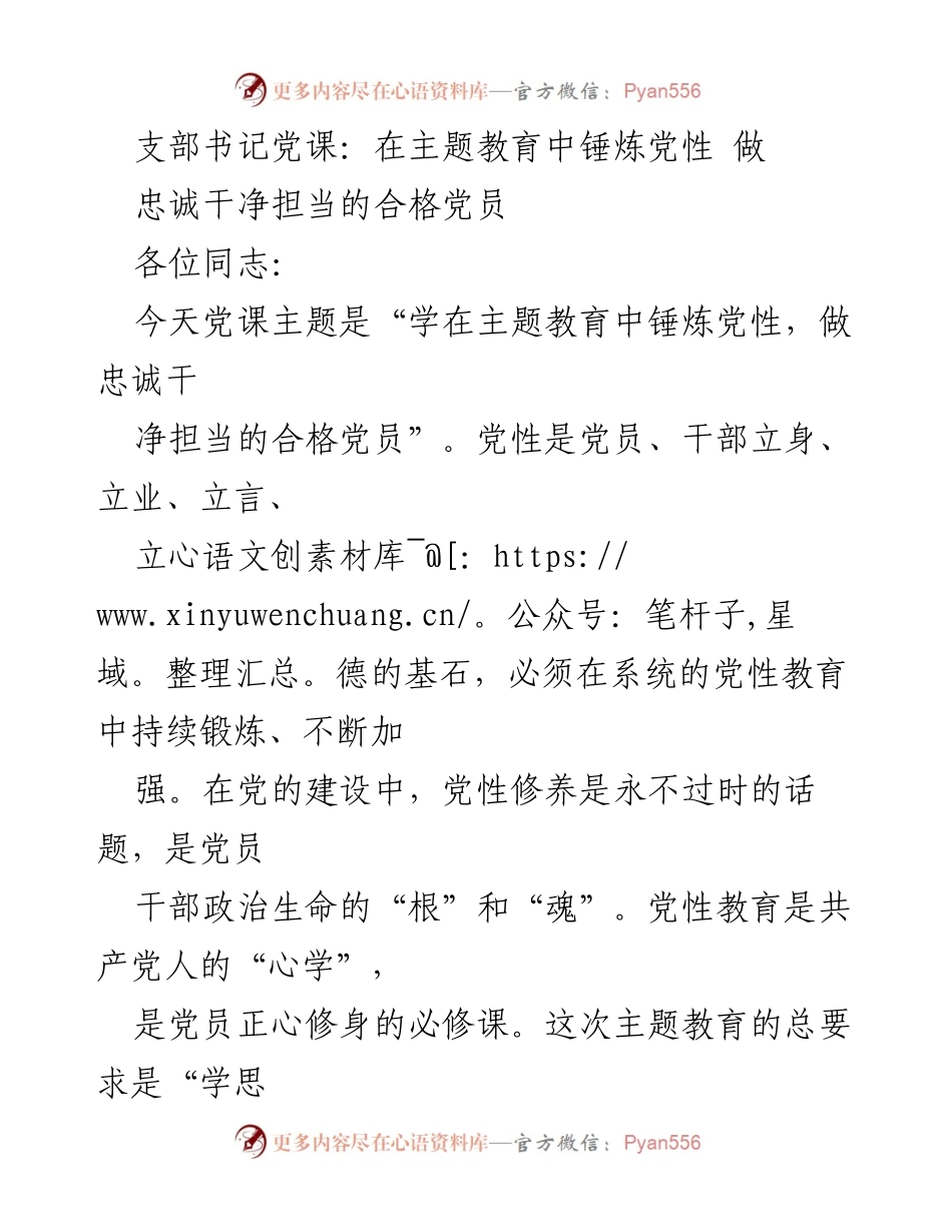 [发言] 党课 - 在主题教育中锤炼党性，做忠诚干净担当的合格党员.docx_第1页