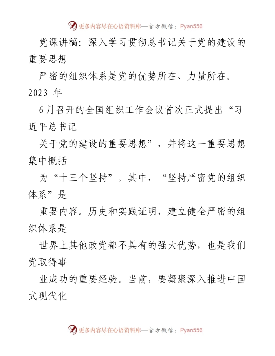 [发言] 党课 - 深入理解党的组织体系的重要性.docx_第1页