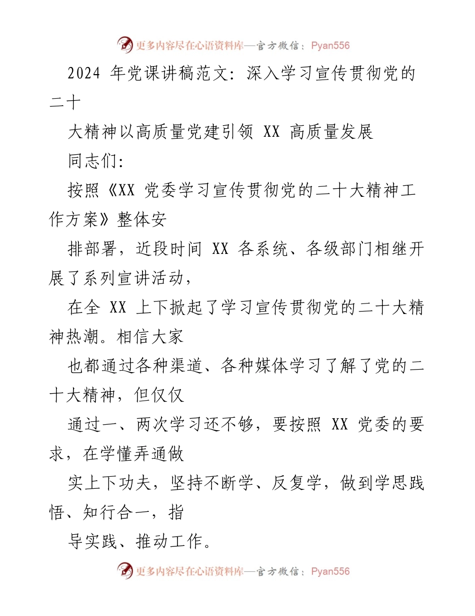 [发言] 党课 - 深入学习宣传贯彻党的二十大精神，推动XX高质量发展.docx_第1页