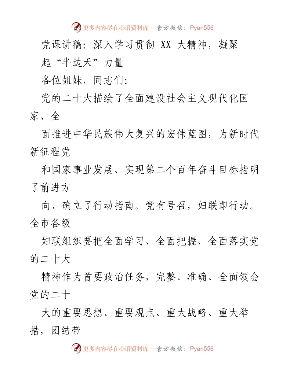 [发言] 党课 - 深入学习贯彻党的二十大精神，凝聚“半边天”力量.docx_第1页