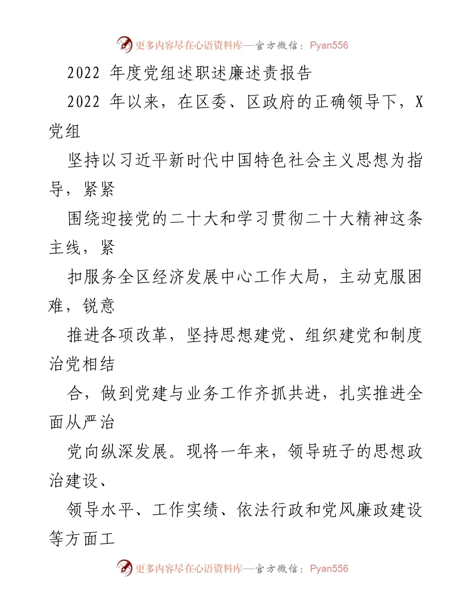 [发言] 党组年度述职 - 2022年度党组述职述廉述责报告总结.docx_第1页