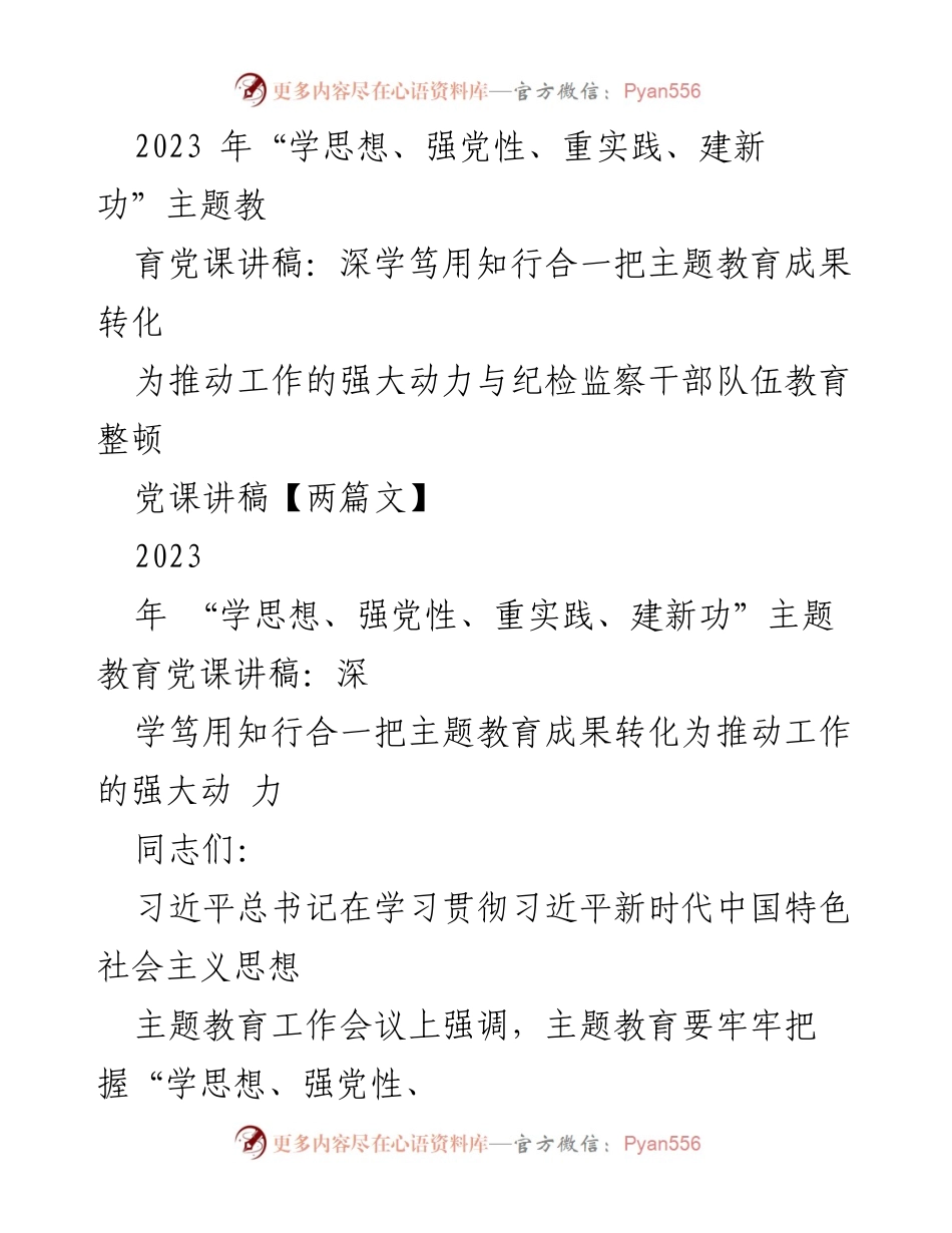 [发言] 党课 - 深学笃用，推动主题教育成果转化为工作动力.docx_第1页