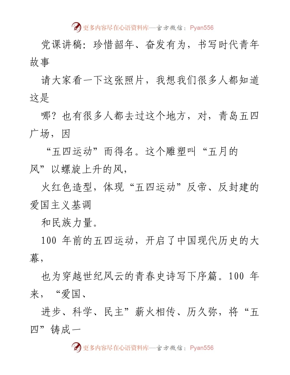 [发言] 党课 - 珍惜韶年，奋发有为：书写时代青年的故事.docx_第1页