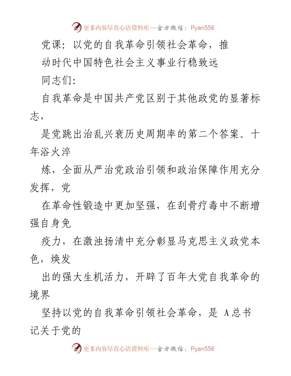 [发言] 党课 - 以自我革命引领社会革命，推动新时代中国特色社会主义事业.docx_第1页