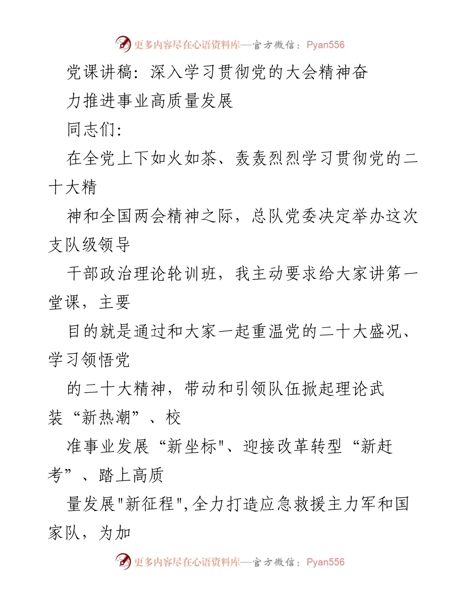 [发言] 党课 - 深入学习党的二十大精神，推动高质量发展.docx_第1页