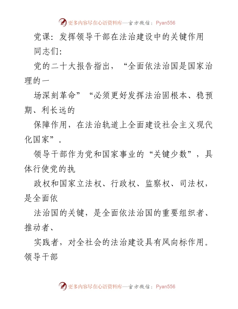 [发言] 党课 - 发挥领导干部在法治建设中的关键作用.docx_第1页