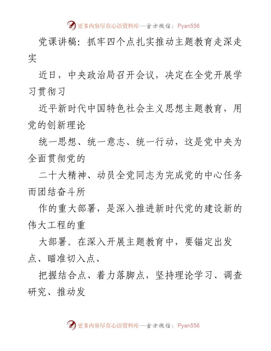 [发言] 党课 - 扎实推动主题教育走深走实的四个关键点.docx_第1页