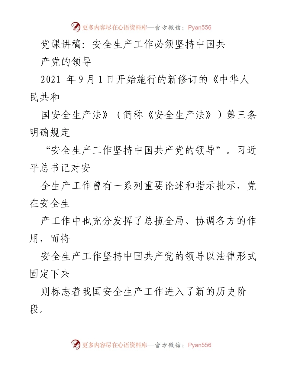 [发言] 党课 - 坚持党的领导：安全生产工作的根本保障.docx_第1页