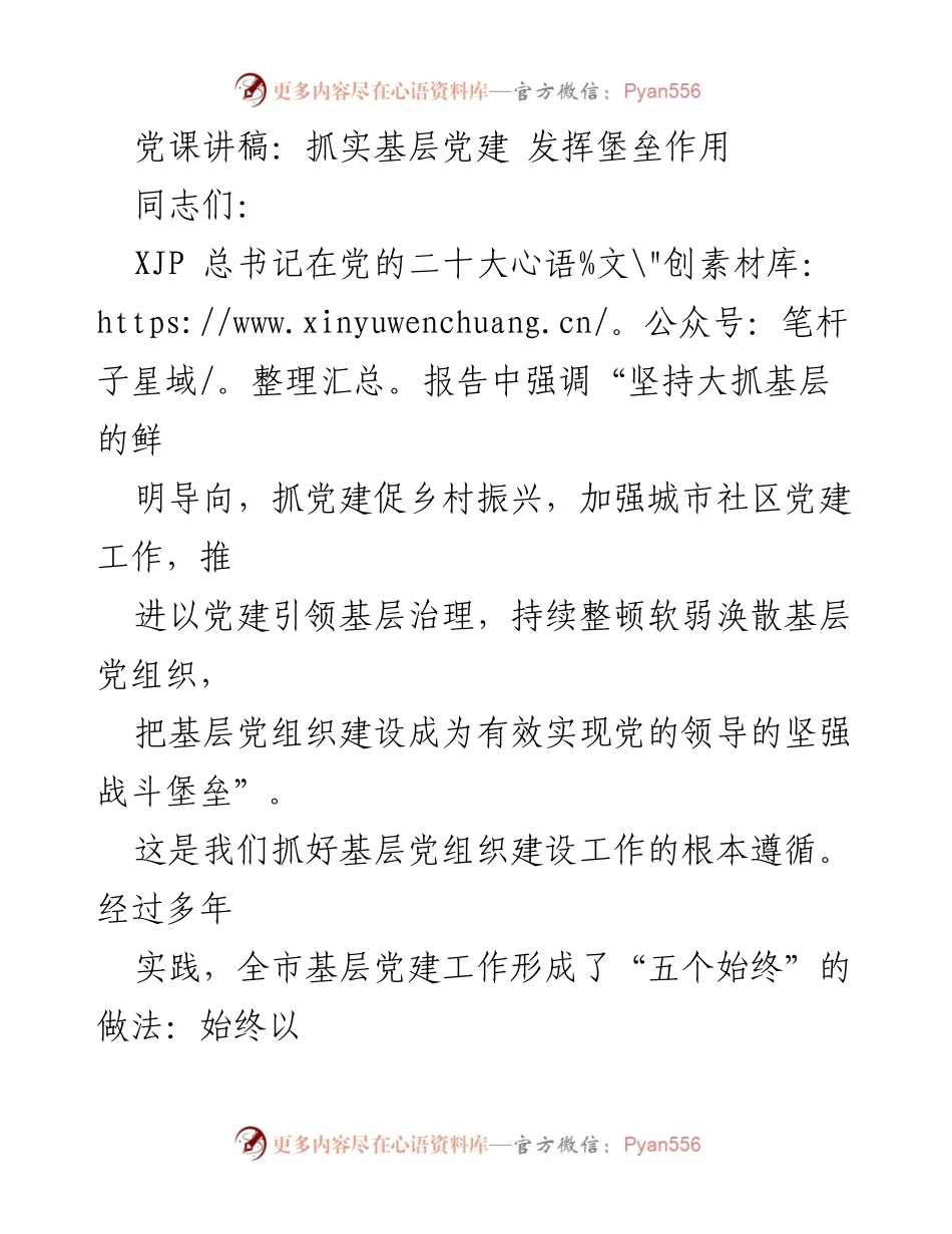 [发言] 党课 - 抓实基层党建，发挥堡垒作用.docx_第1页