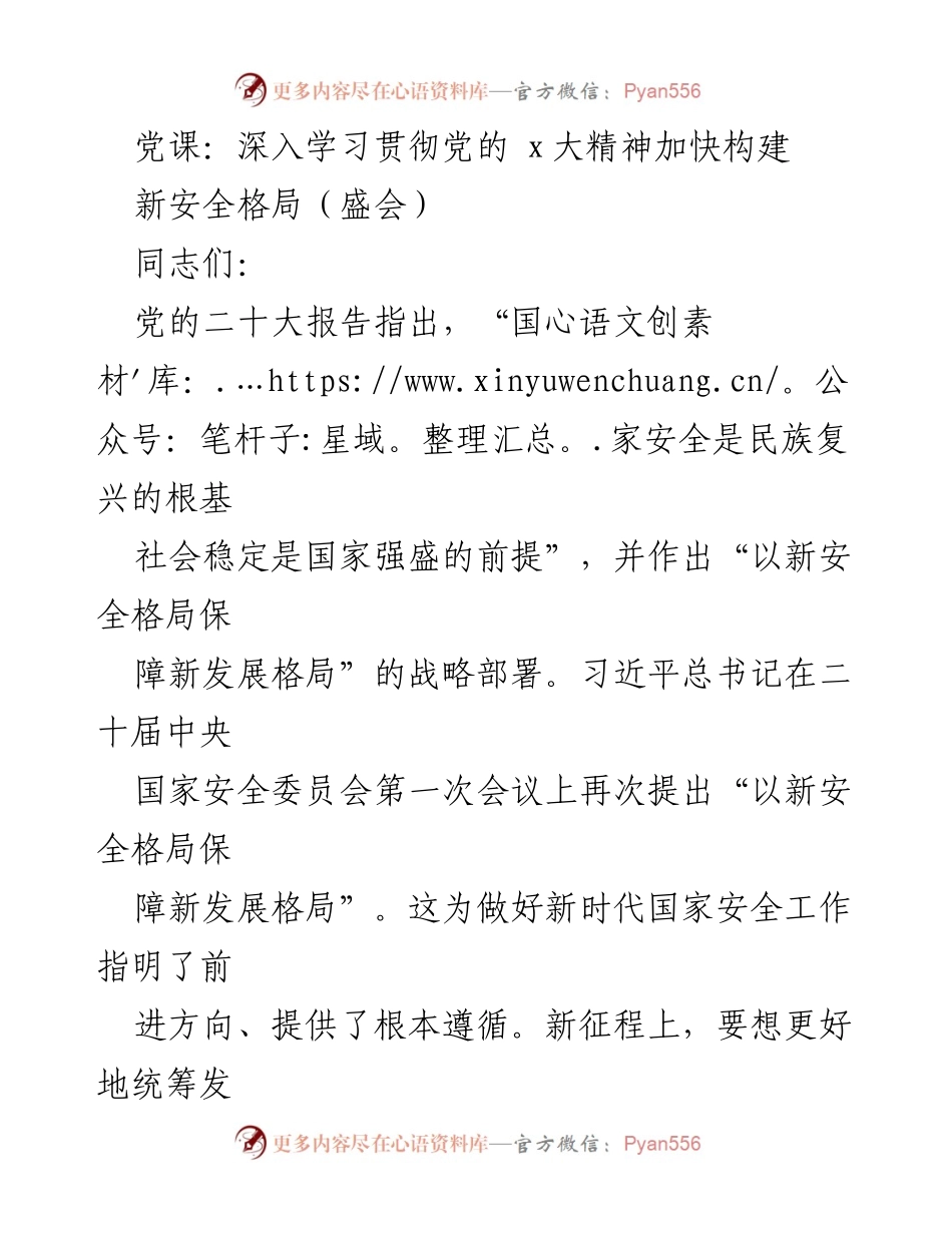 [发言] 党课 - 深入学习贯彻党的二十大精神 加快构建新安全格局.docx_第1页